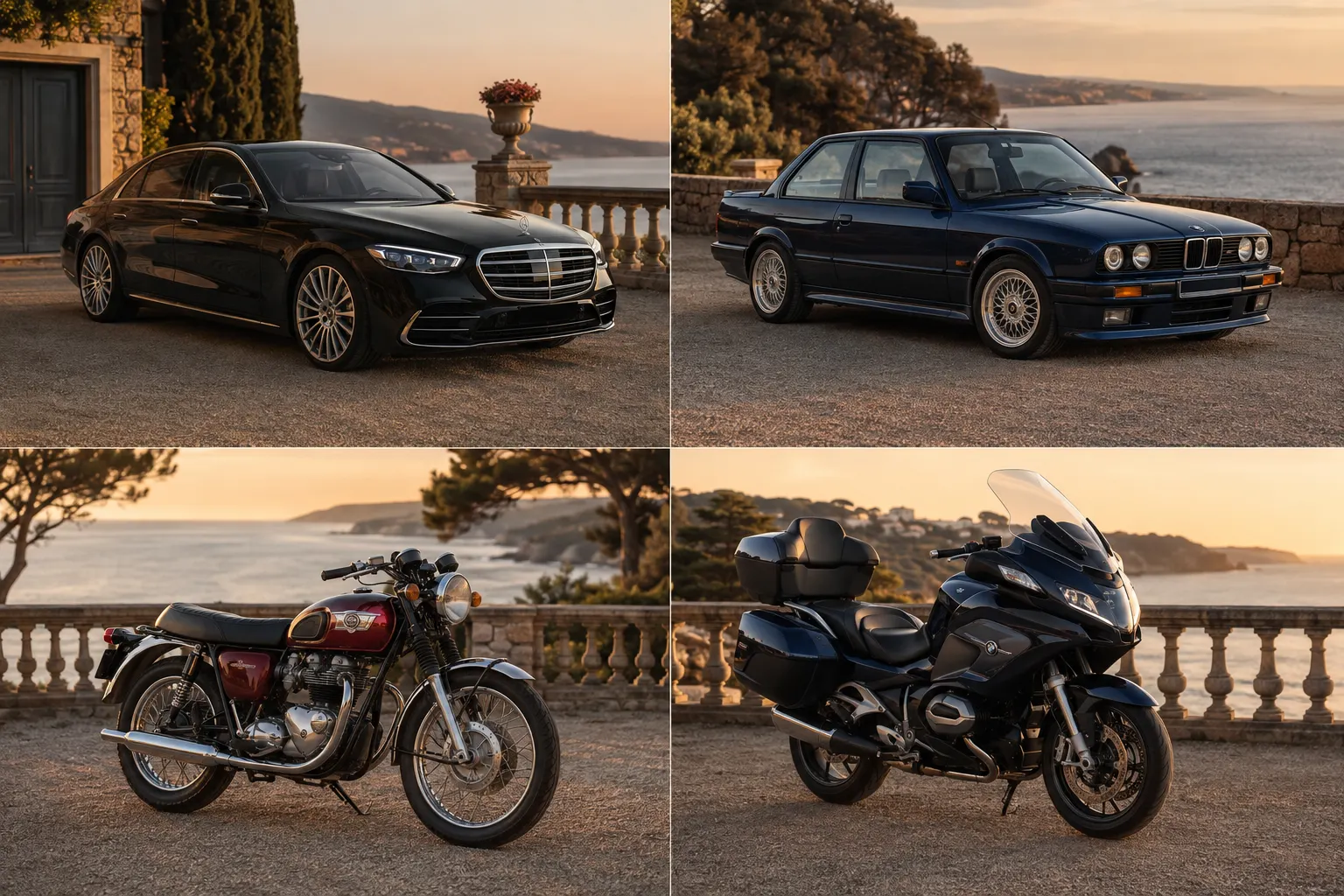 Mercedes S-Class, classic BMW coupe and premium motorcycles